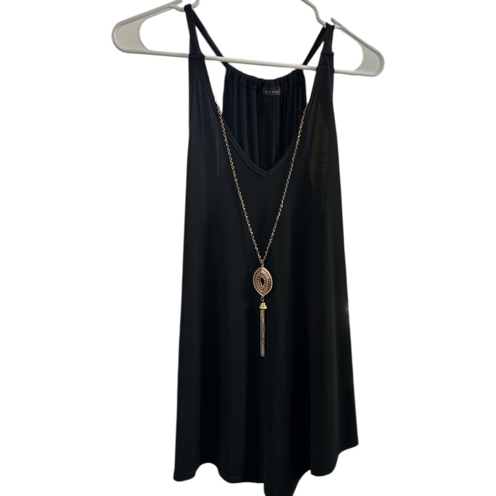 First Love Black V-Neck Tank Top with Detachable Gold Tassel Necklace - 1X